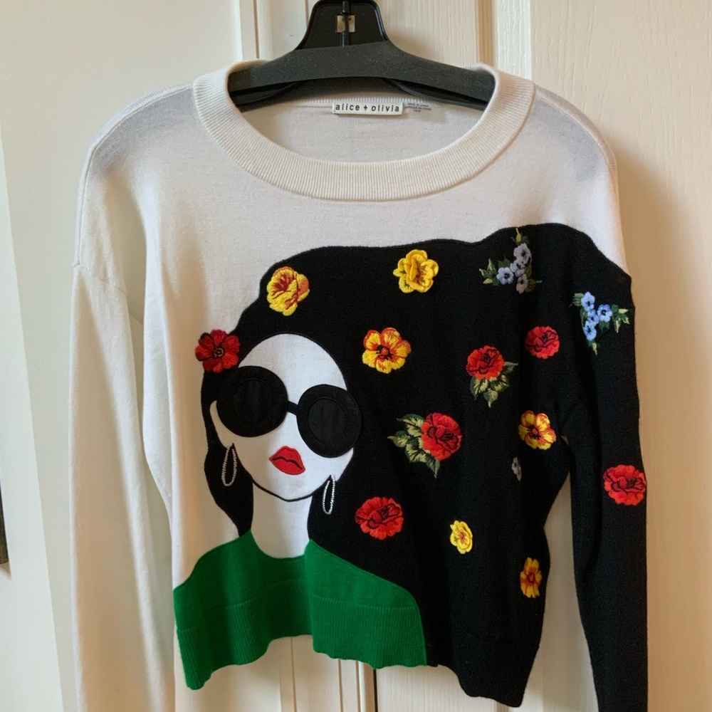 BEAUTIFUL ALICE + OLIVIA GLEESON INTARSIA EMBROIDERED KNIT SWEATER IN SIZE XS